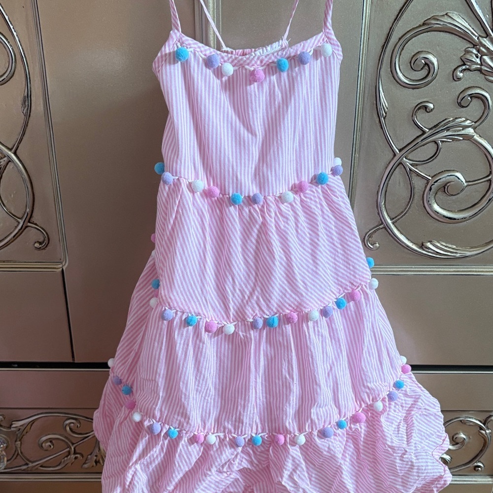 Tommy Bahama Girls Pink Striped Dress with Pom Poms Size 5